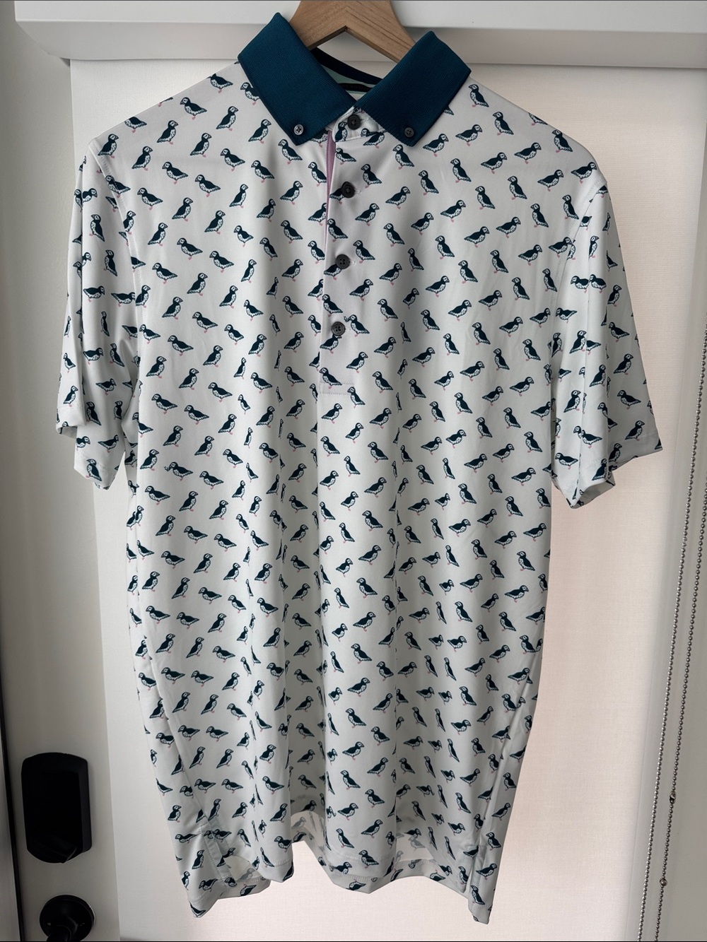 Men's White Polo Shirt with Navy Bird Print and Navy Collar